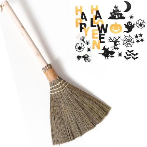 Handmade Vietnamese Straw Broom, Single Handle – Free Halloween Decoration Set, Witch Broom for Costume, Haunted House & Indoor Decor, Soft Grass Whisk Broom for Sweeping or Display - style: Natural Décor