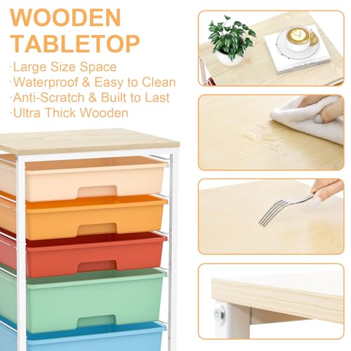 SYKIARIOL Utility Cart with 5 Drawers,Storage Cart with Wooden Tabletop and Lockable Wheels,Craft Storage Trolley Organizer,5-Tier Rolling Utility on Wheels,Macaron - color: Macaron