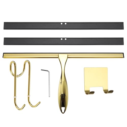 uxcell 14 Inch Shower Squeegee for Glass Doors, Stainless Steel All-Purpose Bath Squeegee with Hooks Holder Square Sticky Hook for Bathroom Window Mirror Car Glass, Gold - color: Gold