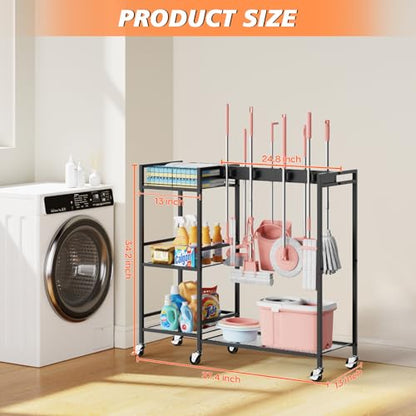 Broom and Mop Holder, Broom Closet Storage Cabinet with Cleaning Supplies Organizer, 2-in-1 Broom Mop and Cleaning Supplies Storage Cleaning Cart, Cleaning Cart with Wheels for Housekeeping - size: 37.4" x 13" x 34.2"