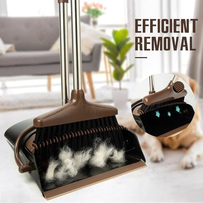 Broom and Dustpan Set with Long Handle, Light Weight Stainless Steel Poles Stand Upright Dustpans with Broom Combo for Home Kitchen Office Pet Dog Hair, 1-Pack (Black Brown) - color: Black Brown