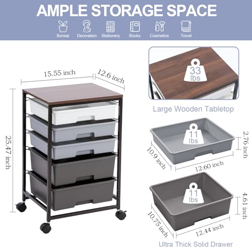 SYKIARIOL Utility Cart with 5 Drawers,Storage Drawer Cart with Wooden Tabletop and Lockable Wheels,Craft Storage Trolley Cart,5-Tier Rolling Utility Cart on Wheels,Dark Grey - color: Dark Grey