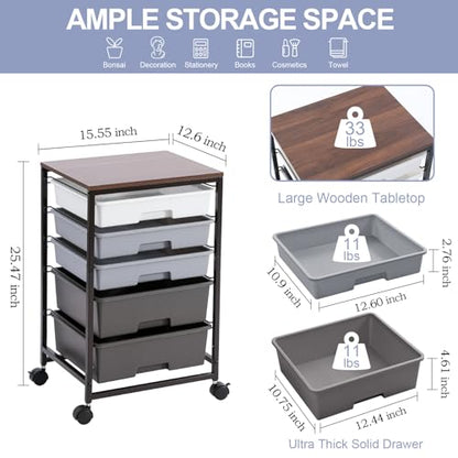 SYKIARIOL Utility Cart with 5 Drawers,Storage Drawer Cart with Wooden Tabletop and Lockable Wheels,Craft Storage Trolley Cart,5-Tier Rolling Utility Cart on Wheels,Dark Grey - color: Dark Grey