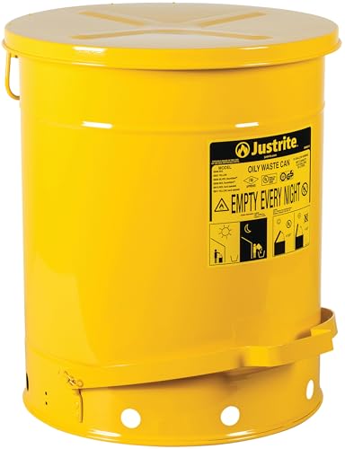 Justrite 14 Gallon Galvanized Steel Oily Waste Can, 20" x 16" Metal Oil Rag Safety Can with Foot Operated Self-Closing Lid for Oil Rag Disposal, Made in The USA, Yellow, 09501 - color: Yellow, size: 14 Gallon, style: Foot-Operated Lid