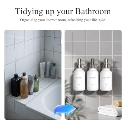 Shampoo and Conditioner Dispenser Wall Mounted - Shower Dispenser 3 Chamber No Drill - Refillable Shampoo Dispenser for Shower Wall - Bathroom Dispenser Sets 500ML White - color: White