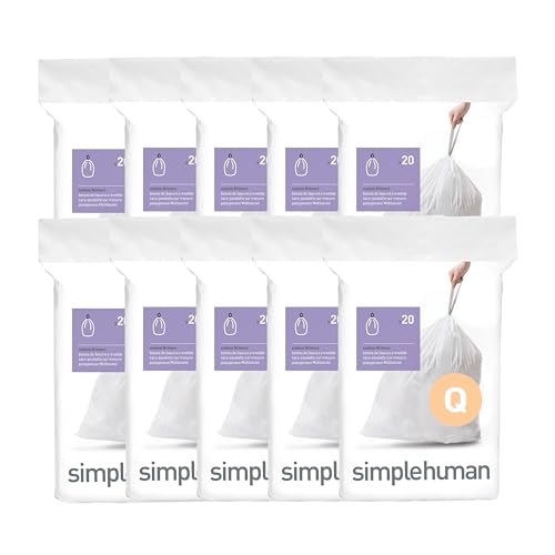 simplehuman Code Q 200 Count Custom Fit Liners, Drawstring Kitchen Trash Bags, One-by-One Mess-Free Dispense, Extra Thick & Double Seamed, 50% PCR Plastic, 50-65 Liter / 13-17 Gallon, White - size: 200 Count (Pack of 1)