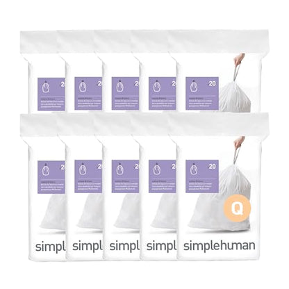 simplehuman Code Q 200 Count Custom Fit Liners, Drawstring Kitchen Trash Bags, One-by-One Mess-Free Dispense, Extra Thick & Double Seamed, 50% PCR Plastic, 50-65 Liter / 13-17 Gallon, White - size: 200 Count (Pack of 1)