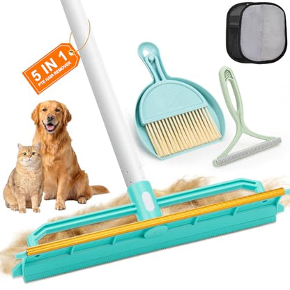 Carpet Rake for Pet Hair Removal | 5-in-1 Dual-Sided, Rubber & Metal Scraper Tool, 60" Adjustable Handle, For Dog and Cat Fur