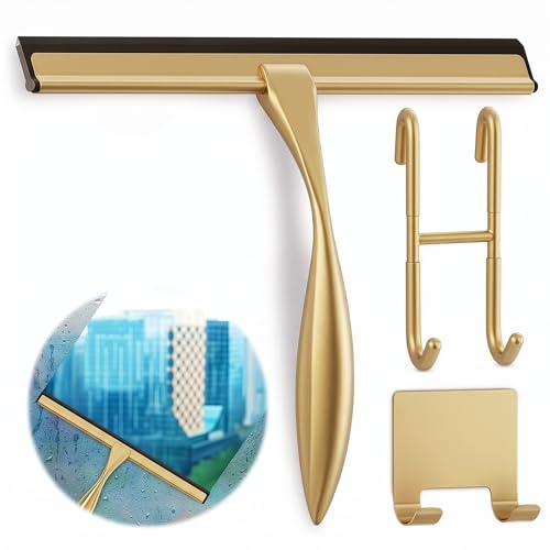 12 Inch Shower Door Squeegee - Gold Squeegee for Shower Glass with Stainless Steel Body, Silicone Blade, Adhesive & Hanging Hooks for Streak-Free Mirror, Tile, Window, Bathroom, Car, Everyday Home Use - color: Gold, size: 12 Inch