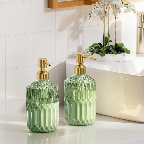 AmazerBath Soap Dispenser Green Glass Soap Dispenser with Pump Stainless Steel, 14.2OZ Luxury Gold Hand Soap Dispensers Bottles Bathroom, Refillable Kitchen Soap Dispenser for Dish Soap, 1 Pack - color: Green & Gold - 1 Pack
