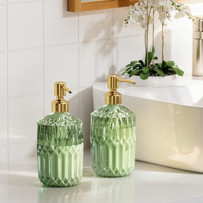 AmazerBath Soap Dispenser Green Glass Soap Dispenser with Pump Stainless Steel, 14.2OZ Luxury Gold Hand Soap Dispensers Bottles Bathroom, Refillable Kitchen Soap Dispenser for Dish Soap, 1 Pack - color: Green & Gold - 1 Pack