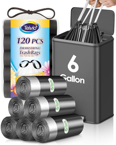 6 Gallon Small 120 Counts Strong Drawstring Trash Bags Garbage Bags by Teivio, Bathroom Trash Can Bin Liners, Plastic Bags for home office kitchen, Black - style: 120-6 Gallon-Black