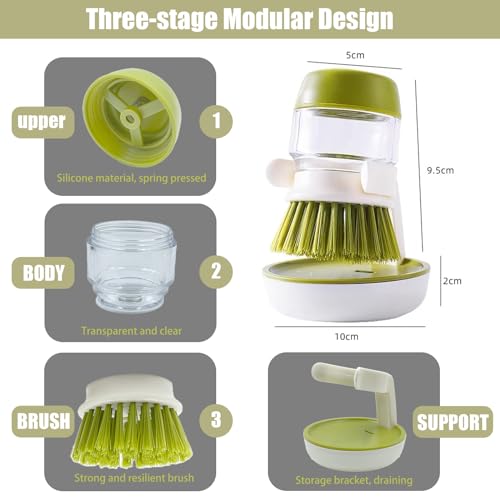 Soap Dispenser Dish Brush, Palm Brush Scrub Brush, with Storage Bracket and Drainage Base, Gray