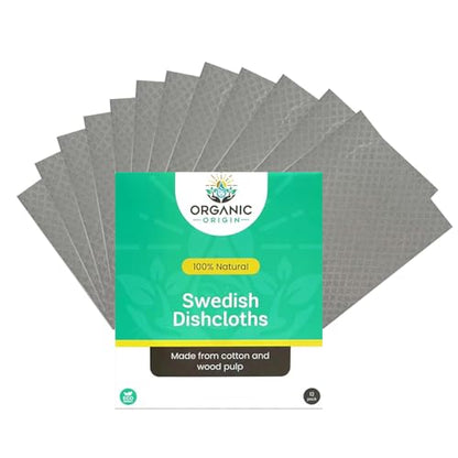 Organic Origin Swedish Dishcloths for Kitchen - Reusable Kitchen Cleaning Cloths, Absorbent Cellulose Sponge Cloths, Washable Dish Rags, Quick-Drying Dish Towels, Paper Towel Alternative (12 Pack)