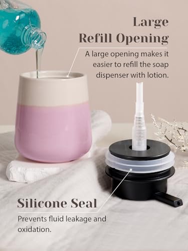 INGOFIN Ceramic Hand Soap Dispenser - 12 oz Liquid Lotion Dispenser Bathroom, Refillable Modern Dish Soap Dispenser with Pump for Kitchen, Beige and Pink - color: Beige and Pink-liquid