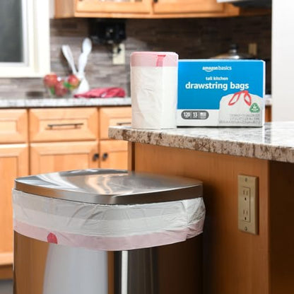 Amazon Basics 13 Gallon Tall Kitchen Drawstring Trash Bags, Unscented, 10% Post Consumer Recycled, 120 Count, White - size: 1 Count (Pack of 120)
