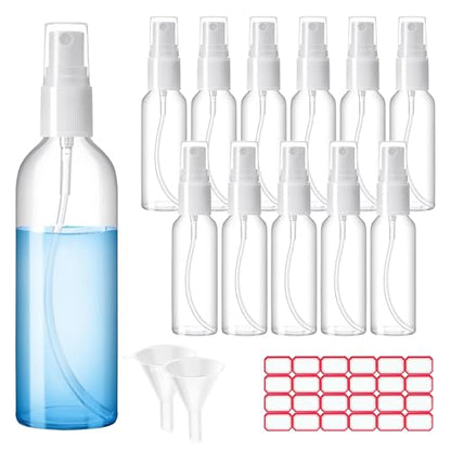Zoizocp Spray Bottles, 2oz/50ml Clear Empty Fine Mist Plastic Mini Travel Bottle Set, Small Refillable Liquid Containers with 2pcs Funnels and 24pcs Labels (12 Pack) - color: 12pcs-Clear（BPA+TSA）-2oz
