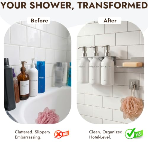 KOUCHU Shampoo and Conditioner Dispenser - Wall Mounted Shower Soap Dispenser - 17oz No-Drill Refillable Plastic Bottles with Stainless Steel Pump for Bathroom - Includes Soap Dish and Hook (Silver) - color: Silver