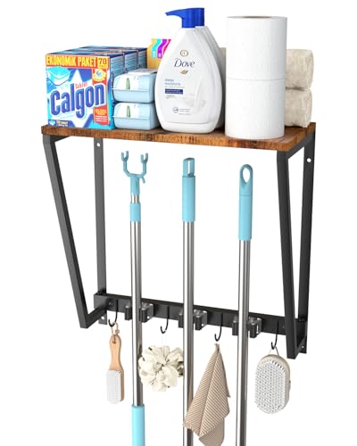 Broom Holder Wall Mount, Heavy Duty Broom & Mop Organizer Wall Hanging for Laundry Room Organization, Garage Storage & Home Improvement, Multi-Layer Iron & Wood Shelving with Hooks