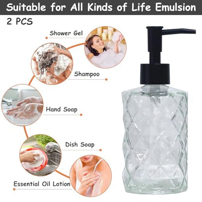 Crystal Clear Glass Soap Dispenser with Black Pump, 2 Pack 12oz Diamond Hand Dispenser, Refillable Lotion Dispenser & Dish Soap Dispenser, Bathroom Soap Dispenser for Liquid, Shower Gel - color: Transparent