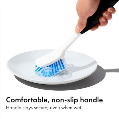 OXO Good Grips Dish Brush, Nylon Bristles with Built-in Scraper, Safe for Non-Stick Cookware, Non-Slip Handle, Dishwasher Safe - style: Plastic