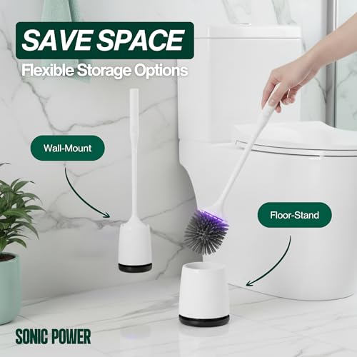 Electric Toilet Brush & Scrubber – Self Cleaning Silicone Toilet Bowl Brush with UVC Light, Rechargeable Wireless Spinning Toilet Brush & Holder Set, Wall Mount or Floor Standing (Pack of 1)