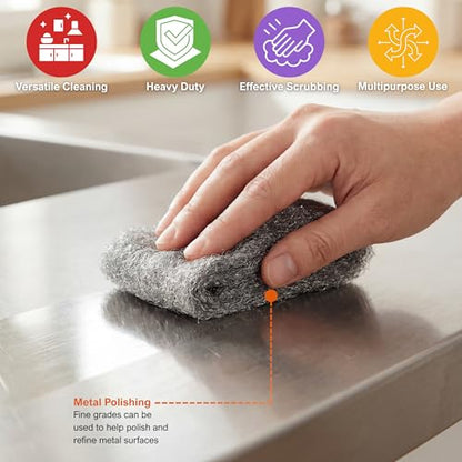 PAMI Pack of 8 Steel Wool Pads, Non Scratch Steel Scrubber for Dishes, Polishing Wool Sponge for Cleaning (#2 - Medium Coarse) - style: #2 - Medium Coarse