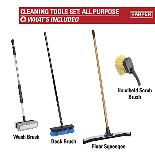 Harper 37518700 All-Purpose Scrubbing & Squeegee Brush Set with 10 in. Wash Brush with Flow-Through Handle, 24 in. Floor Squeegee, 10 in. Deck Brush and 8 in. Handheld Scrub Brush - style: All-Purpose Scrubbing Cleaning Set