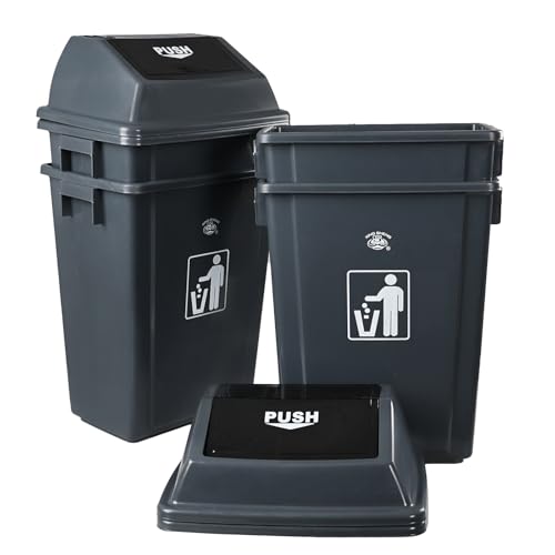 13 Gallon Plastic Swing Top Trash Can, 4 Pack Plastic Kitchen Garbage Can, Gray