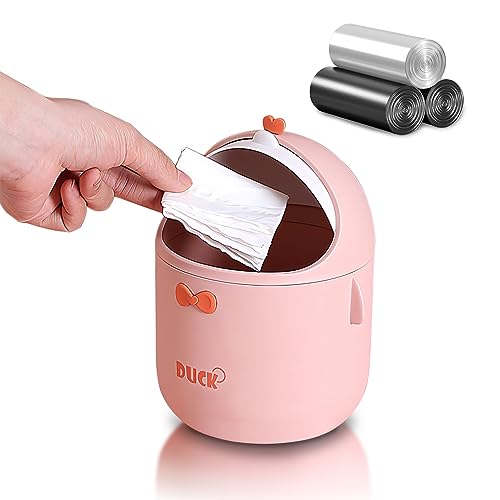 Cute Desktop Trash Can Wastebasket with 90 Trash Bags, Creative Mini Countertop Garbage Can with Lid, Small Plastic Storage Bin for Home Kitchen Dressing Office Kids Bedroom(Pink) - color: Pink
