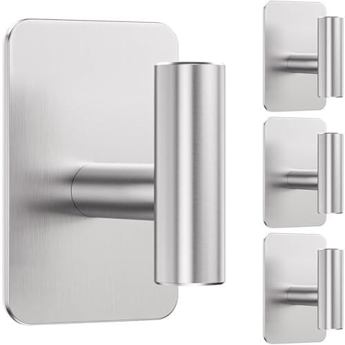 Heavy Duty Adhesive Hooks - 26lb Max, Sticky Wall Hooks Waterproof Stainless Steel for Hanging Towel, Coat, Robe, Towel Hooks Stick on Bathroom, Kitchen, Shower, Door (Silver, 4 Pack) - color: Silver-Cylinder