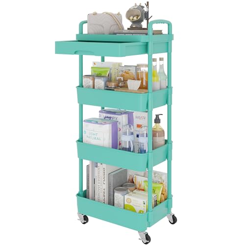 Calmootey 4-Tier Rolling Utility Cart with Drawer,Multifunctional Storage Organizer with Plastic Shelf & Metal Wheel,Storage Cart for Kitchen,Bathroom,Living Room,Office,Green - color: Green, size: 4-Tier