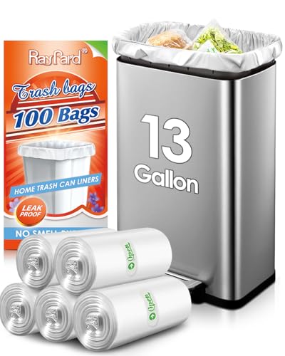 13 Gallon 100 Counts (fit 12-15 Gal) Strong Tall Kitchen Trash Bags Garbage Bags by RayPard, fit 50 Liter Waste Basket, Clear Trash Bags Can Liners for Home Office Bathroom Bedroom - style: 100-13 Gallon-Clear