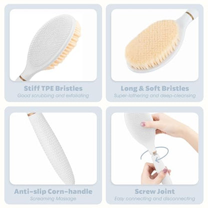 Foot Brush & Back Scrubber Set, 27.5'' Adjustable Foot Scrubber for Shower, 18.9'' Shower Back Scrubber with 3-Length Usage, Great Aid for People with Limited Mobility(White Set) - color: White+back Scrubber