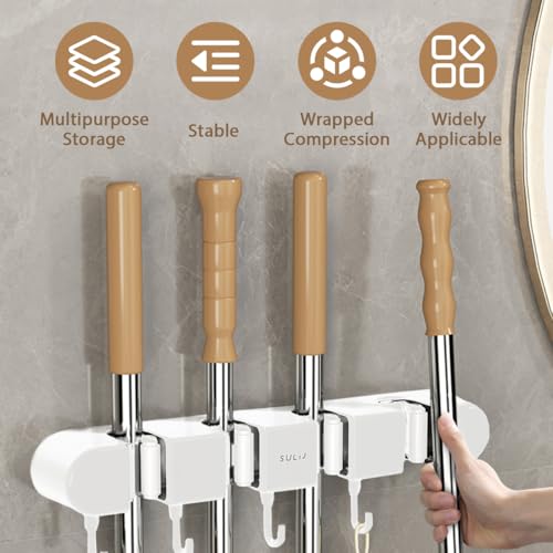 2Pcs Broom Holder Wall Mount, No-Drilling Self-Adhesive Mop and Broom Storage Rack with Hooks (4 Racks with 5 Hooks), Wall-Mounted Broom Hanger for Bathroom, Kitchen, Closet, Garage (White ﻿) - color: White ﻿