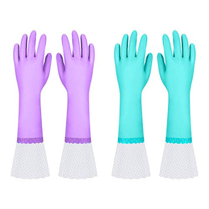 Elgood Reusable Long Dishwashing Cleaning Gloves with Latex Free, Long Cuff,Cotton Lining,Kitchen Gloves 2 Pairs,Purple+Blue Large - color: Long Cuff-purple+blue, size: Large (Pack of 2)