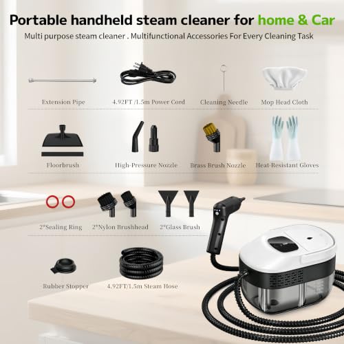 Pressurized Handheld Steam Cleaner 2500W, 54oz Large-Capacity Steamer with 3-Level Adjustable Steam, 15s Heat-Up & 15Pcs Accessories – for Car, Tile, Grout, Couch, Floor, Bed, Dirt, Furniture - color: White