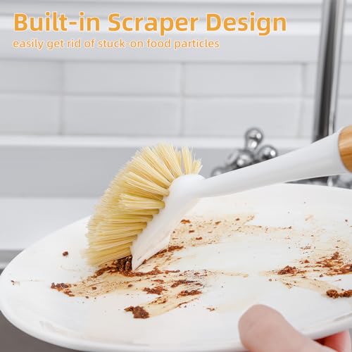 SUBEKYU Dish Brush with Bamboo Handle, Kitchen Dish Scrubber Built-in Scraper, Scrub Brush for Cleaning Pans/Pots/Sinks, Sisal Bristles, 2P - color: Wide 2p
