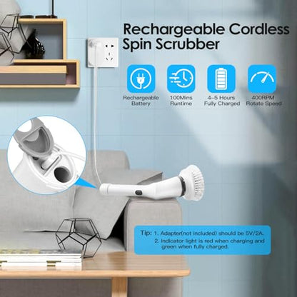 TeqHome Electric Spin Scrubber, Cordless Power Shower Cleaning Brush with 6 Replaceable Brush Heads, 2 Adjustable Speeds,Adjustable & Detachable Extension Long Handle for Bathroom Floor Tile Tub Basin