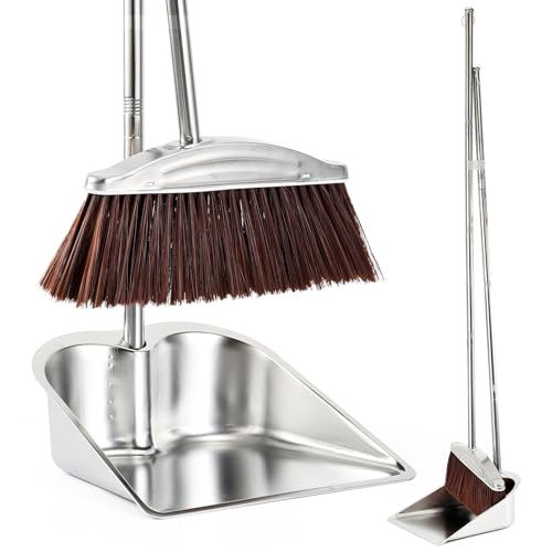 VOOWO Broom with Dustpan Combo Set, 46" Stainless Steel Broom and Dustpan Set for Home, Heavy Duty Dust Pan with Long Handle, Broom for Sweeping Indoor and Outdoor, Kitchen Broom and Dust Pan (Brown) - color: Brown