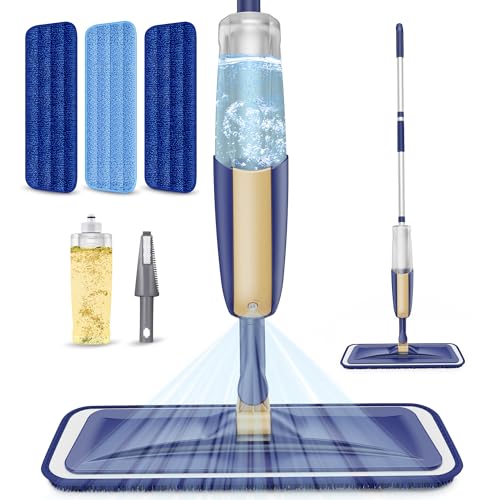 Spray Mops for Hardwood Floor Cleaning: MEXERRIS Wet Mops Dry Dust Mop with 3 Washable Pads for Swiffer Powermop - Flat Mop Home Commercial Mops for Wood Laminate Tile Vinyl Cement Concrete - color: Bluebeige