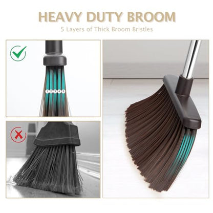 2-Pack Broom and Dustpan Set with Long Handle, Heavy Dust Broom and Dustpan Combo for Home，Kitchen, Office, Pet Hair(Beige) - color: Beige 2-pack