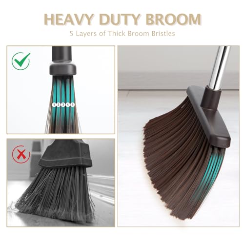2-Pack Broom and Dustpan Set with Long Handle, Heavy Dust Broom and Dustpan Combo for Home，Kitchen, Office, Pet Hair(Beige) - color: Beige 2-pack