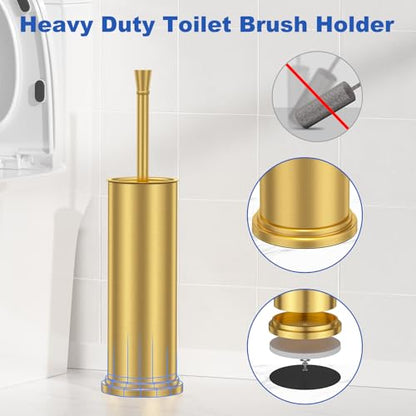 Toilet Brush and Holder Set：304 Stainless Steel Heavy Duty Toilet Bowl Brush，Removable Inner Bowl and Splash Protection，Bathroom Toilet Brush-Dense Bristles for Through Cleaning - color: Gold