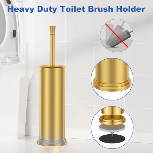 Toilet Brush and Holder Set：304 Stainless Steel Heavy Duty Toilet Bowl Brush，Removable Inner Bowl and Splash Protection，Bathroom Toilet Brush-Dense Bristles for Through Cleaning - color: Gold