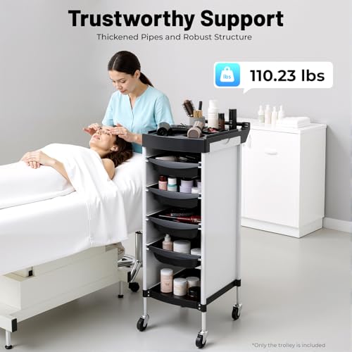 Salon Trolley Cart with Wheels, 6-Tier Beauty S-alon Cart with 4 Drawers, Space-Saving Rolling Salon Versatile Utility Cart, Open Top Floor, 110.23lbs Load-Bearing, Retractable Trays (White+Black) - color: White+black