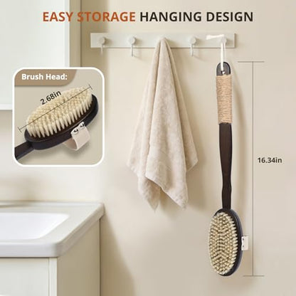 Dry & Wet Brushing Body Brush, Natural Boar Bristle Back Scrubber for Shower with Detachable Handle, Exfoliating Brush for Lymphatic Drainage, Improved Circulation & Smooth Skin - color: Dark Brown