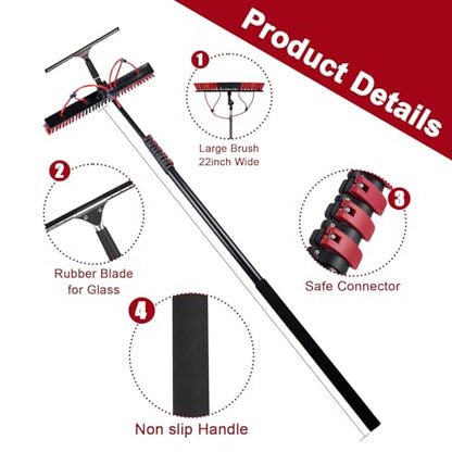 24FT Solar Panel Cleaning Brush & Squeegee Kit, Proffesional Window Washing Tool, 22in Wide Brush & 2 Dusting Brush, Water Fed Pole, Extendable Telescopic Pole for Roof Mounted Solar Panels - size: 24ft