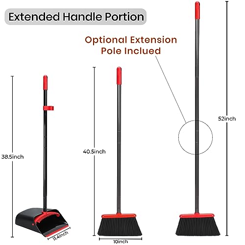 TreeLen Dust Pan and Broom/Dustpan Cleans Broom Combo with 52" Long Handle for Home Kitchen Room Office Lobby Floor Use Upright Stand Up Broom and Dustpan Set - Black/Red - color: Red/Black
