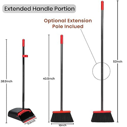 TreeLen Dust Pan and Broom/Dustpan Cleans Broom Combo with 52" Long Handle for Home Kitchen Room Office Lobby Floor Use Upright Stand Up Broom and Dustpan Set - Black/Red - color: Red/Black